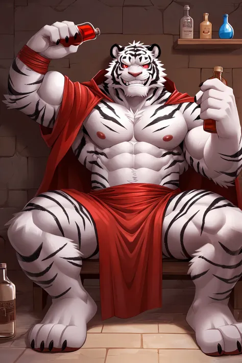 (sfw:1.5), male focus, pharmacist, Handsome 1boy, solitary，protrait photo，single, (Black nails, Black claws, White feet, White feet底板:1.4), White hair, White skin, (Black tiger stripe:1.5), (Black tiger stripes on arms, Black tiger stripes on legs, Black s...