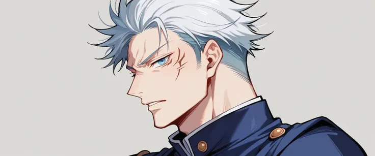 a male character with blue eyes with white hair and a uniform similar to the anime jujutsu kaisen