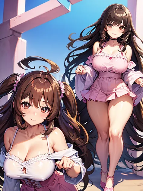 Anime girl, thick and curvy, long curly brown hair with bangs, brown eyes, pastel coquette aesthetic
