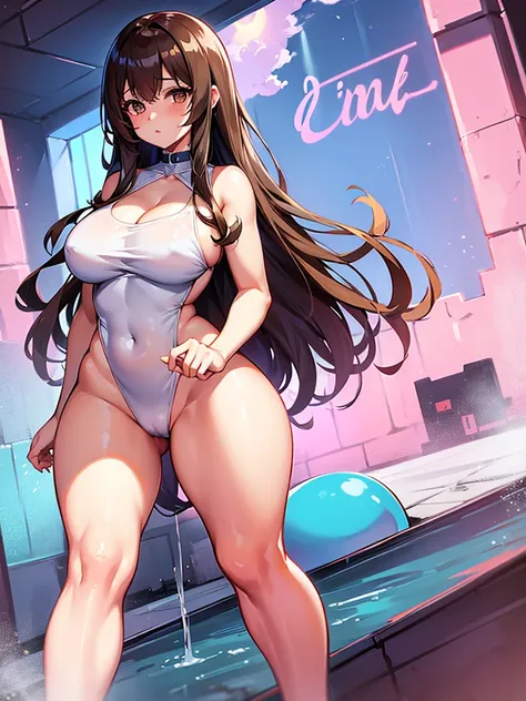 Anime girl, thick and curvy, long curly brown hair with bangs, brown eyes, pastel coquette aesthetic
