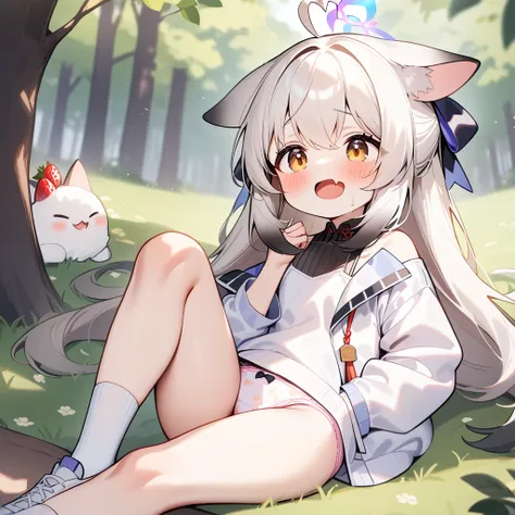 （masterpiece：1.2，high quality），8K，High resolution，A seven-year-old girl，cute girl，Sunohara Kokona（blue archive），white hair，long hair，light brown eyes，，cat ears，Halation，heart ahoge，laughing，skin fang，saliva，Wear a white hoodie，no shorts，Strawberry pattern ...