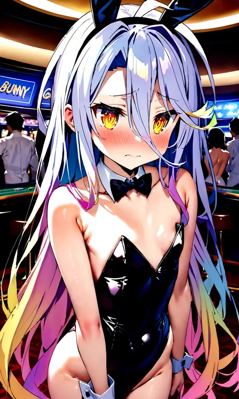 NSFW,masterpiece,Highest quality,High resolution,Super detailed,Shiro (no game No life),Long Hair,Multicolored Hair,Hair between the eyes,Gradient Hair,Yellow Eyes,Flat Chest,Bunny ears,Playboy Bunny,casino,Embarrassed,blush,Are standing,