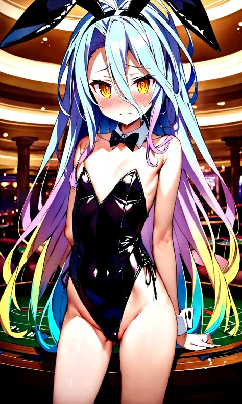 NSFW,masterpiece,Highest quality,High resolution,Super detailed,Shiro (no game No life),Long Hair,Multicolored Hair,Hair between the eyes,Gradient Hair,Yellow Eyes,Flat Chest,Bunny ears,Playboy Bunny,casino,Embarrassed,blush,Are standing,