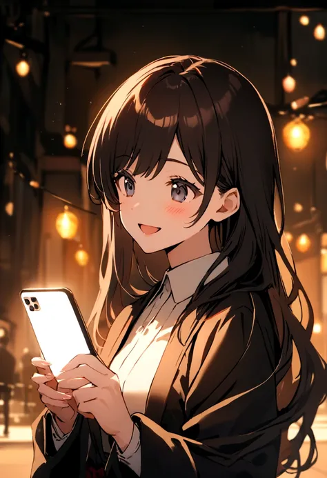 Background of the Stock Investment Chart　Japanese　20th generation　woman　holding a smartphone　Long hair smiles