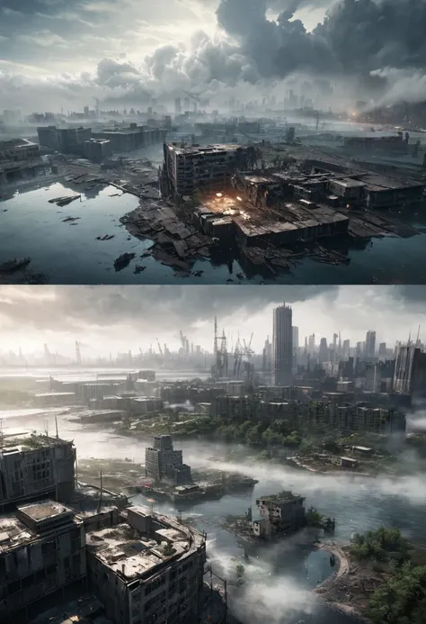 Realistic scenery, hyper detailed, post apocalyptic, mostly covered by water, an artificial island, detailed, super quality, high quality, full of buildings, destroyed buildings, finished, more darkness, dark scenario, post apocalypse, fog, darker, without...