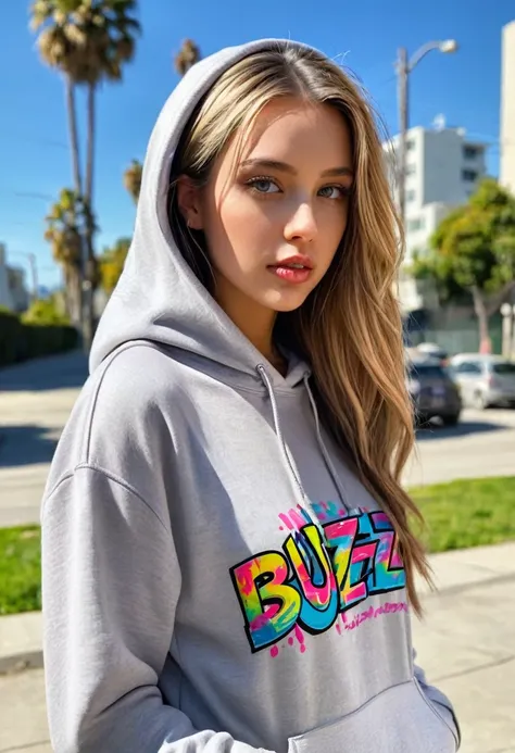 "SEND BUZZ I AM POOR" text, colorful graffiti on hoodie, calygraphic wildstyle bombing, thick lines, a cute european girl wearing a hoodie, looking at viewer, streets of los angeles, instagram photo, closeup shot
