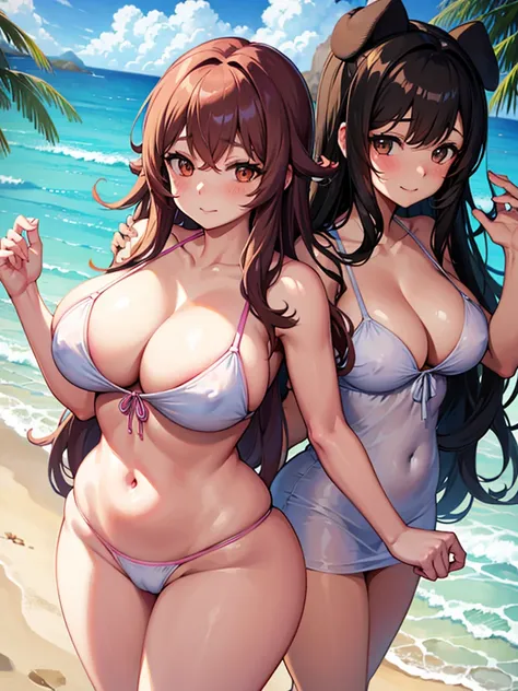 Anime girl, thick and curvy, long curly brown hair with bangs, brown eyes, pastel coquette aesthetic in the beach
