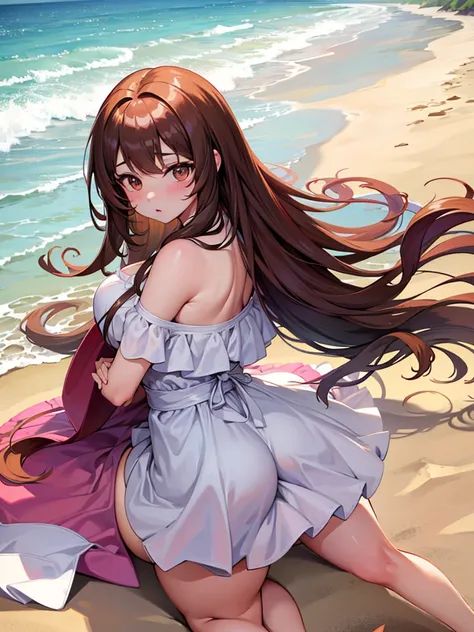 Anime girl, thick and curvy, long curly brown hair with bangs, brown eyes, pastel coquette aesthetic in the beach
