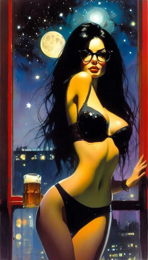 very sexy girl, long black hair, glasses, panties and bra, pronounced nipples, small breasts, lascivious look, beer, large window with views of the night, stars, moon,(art inspired in Bill Sienkiewicz). oil painting)
