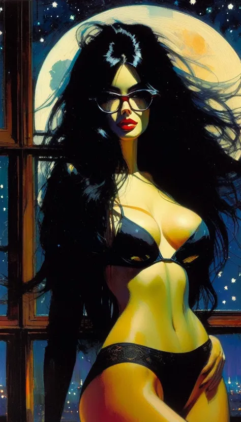 very sexy girl, long black hair, glasses, panties and bra, pronounced nipples, small breasts, lascivious look, beer, large window with views of the night, stars, moon,(art inspired in Bill Sienkiewicz). oil painting)
