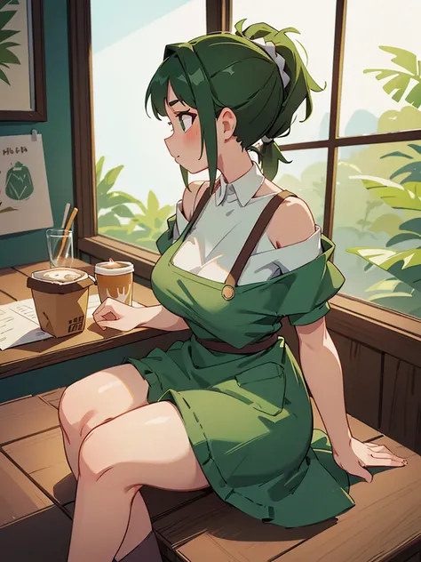 Cool beauty，Looks sweet，ponytail hairstyle, (only wearing dark green apron, off-shoulders), show clavage, show big thigh, huge breast, side view, full body photo, sitting on a table, in a coffee shop