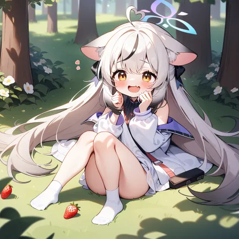 （masterpiece：1.2，high quality），8K，High resolution，A seven-year-old girl，cute girl，Sunohara Kokona（blue archive），white hair，long hair，light brown eyes，，cat ears，halo，heart ahoge，laughing，skin fang，saliva，Wear a white hoodie，no shorts，Strawberry pattern pant...