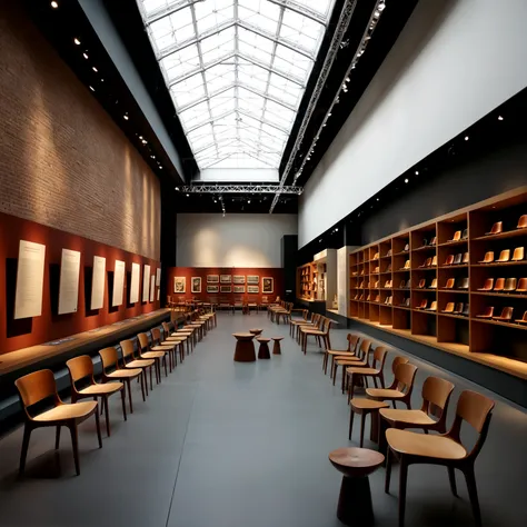 Create a hyper-realistic image of a chair museum with a perspective angle that emphasizes the large space and rows of shelves displaying chairs. The museum should have high ceilings and large windows allowing natural light to stream in. The shelves should ...