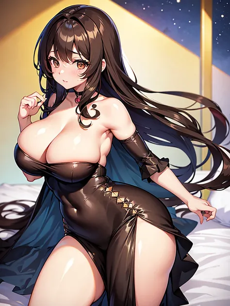 Anime girl, thick and curvy, long curly brown hair with bangs, brown eyes, fancy dress