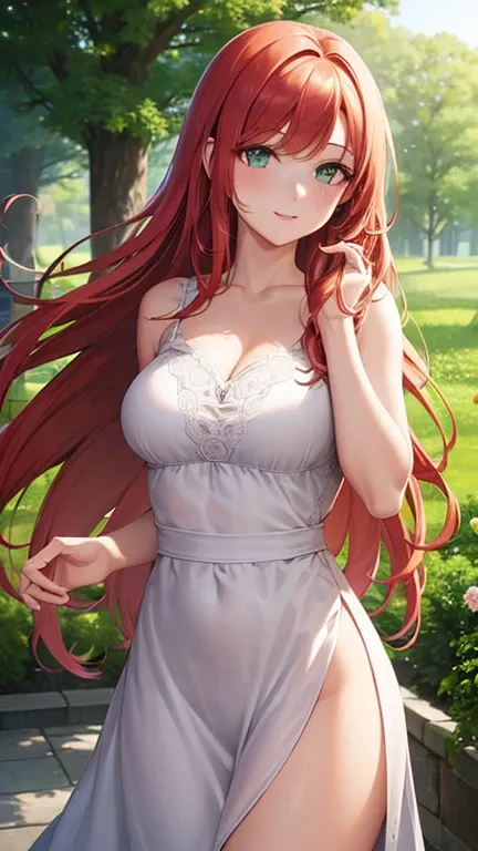 (best quality,4k,8k,highres,masterpiece:1.2),ultra-detailed,realistic,beautiful redhead girl with fair skin,gorgeous green eyes,long flowing red hair,rosy cheeks,porcelain complexion,lovely freckles,captivating smile,elegant posture,standing in a blooming ...