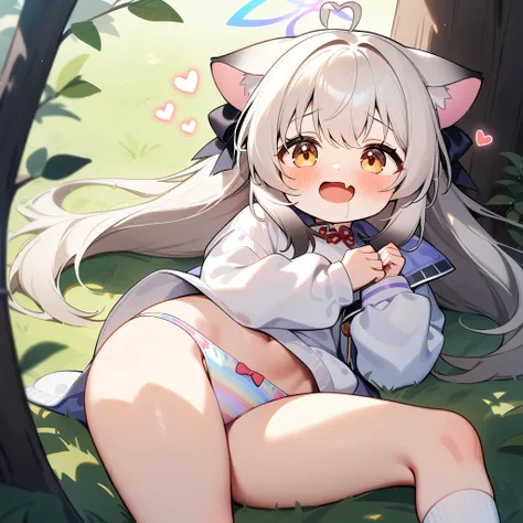 （masterpiece：1.2，high quality），8K，High resolution，A seven-year-old girl，cute girl，Sunohara Kokona（blue archive），white hair，long hair，light brown eyes，，cat ears，Halation，heart ahoge，laughing，skin fang，saliva，Wear a white hoodie，no shorts，Rainbow pattern pan...