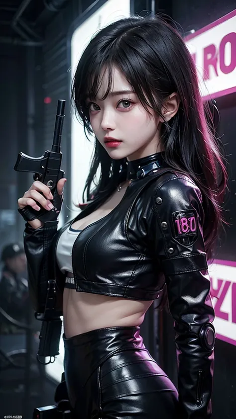 8K,beautiful,cyber punk,cyber punkな街並み,Neon night,Charming girl at 18 years old,Baby Face,Long Shot,whole body,Composition from afar,(Held up a gun)