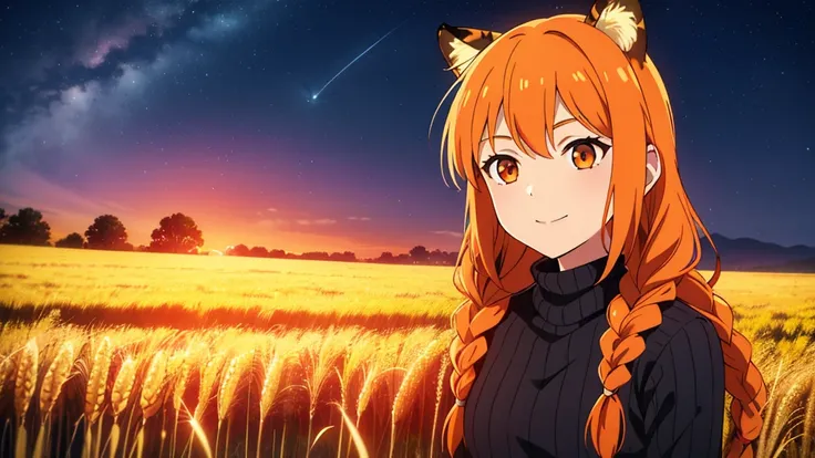 1girl,20 years old,mature female,tiger ears,long hair,(twin braids),orange hair,looking up at the sky,night, Vast sky, beautiful skyline, fireflies, fantasy,night scenery, wheat field, close up,smile, black sweater