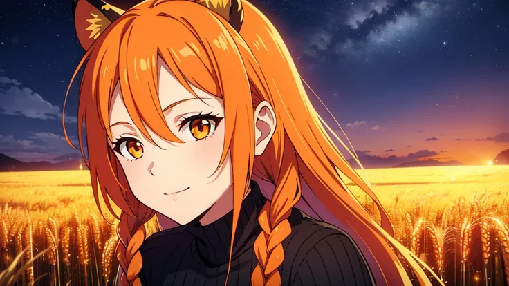 1girl,20 years old,mature female,tiger ears,long hair,(twin braids),orange hair,looking up at the sky,night, Vast sky, beautiful skyline, fireflies, fantasy,night scenery, wheat field, close up,smile, black sweater