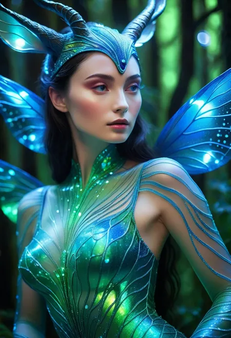 An exquisite mythical creature of the forest，Skin smooth as silk，It has a delicate pattern of spots and stripes，Seems to sparkle in the night, 8K, Colored lights, vivid, Ultra Detailed, Surreal photography ，blue，Red，green，blue