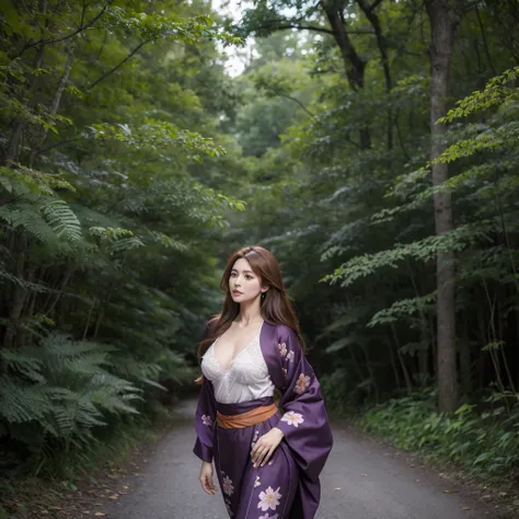 a mature woman, wearing a purple kimono with floral designs, brown hair, long hair, brown eyes, big breasts, exposed breasts, wa...