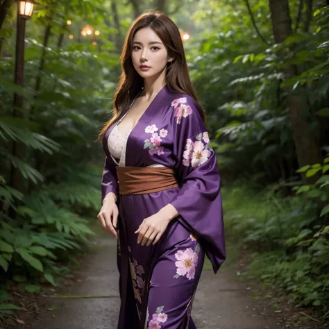 a mature woman, wearing a purple kimono with floral designs, brown hair, long hair, brown eyes, big breasts, exposed breasts, wa...