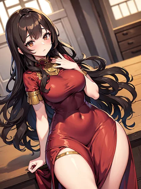 Anime girl, thick and curvy, long curly brown hair with bangs, brown eyes, fancy gown