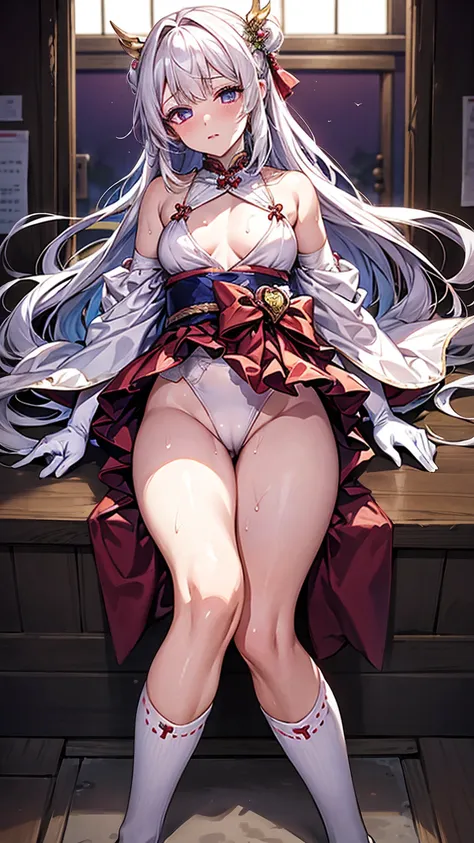 One Girl， （Urzan-6500：0.7）， K-POPアイドル， ， ， Exposed bare shoulders， ， Long white hair， Japanese Clothing， The best quality in the best condition， （da pintura：1.5）， （hair ornaments：1.35）， gem， Purple eyes， 耳Nipple Ring， ， Written boundary depth， Detailed fac...