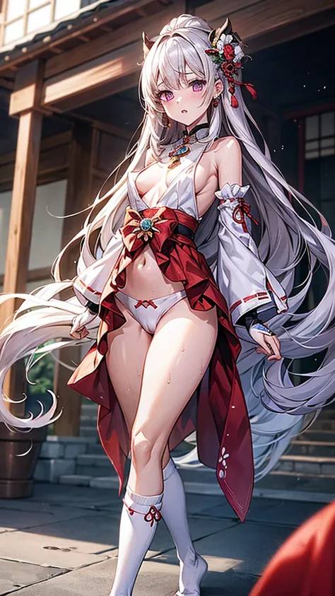 One Girl， （Urzan-6500：0.7）， K-POPアイドル， ， ， Exposed bare shoulders， ， Long white hair， Japanese Clothing， The best quality in the best condition， （da pintura：1.5）， （hair ornaments：1.35）， gem， Purple eyes， 耳Nipple Ring， ， Written boundary depth， Detailed fac...