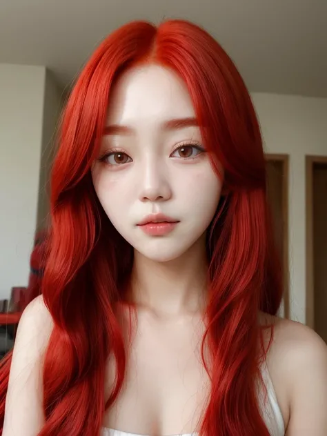 Korean face with long red hair