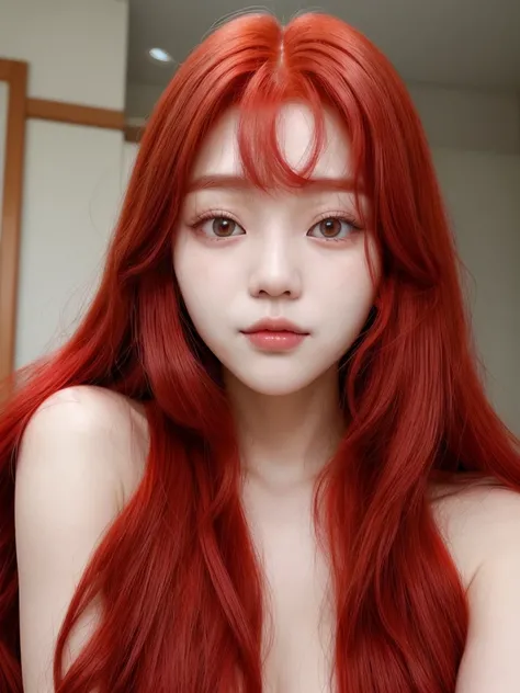 Korean face with long red hair