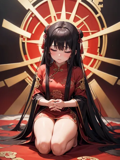 A serene Chinese ancient beauty kneels on a crimson backdrop, her hands pressed together in reverence as she whispers prayers to the heavens. Eyes shut in contemplation, her solemn yet breathtakingly lovely face reflects a deep sense of devotion. The fiery...