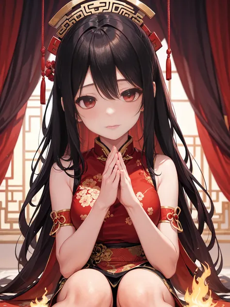 A serene Chinese ancient beauty kneels on a crimson backdrop, her hands pressed together in reverence as she whispers prayers to the heavens. Eyes shut in contemplation, her solemn yet breathtakingly lovely face reflects a deep sense of devotion. The fiery...