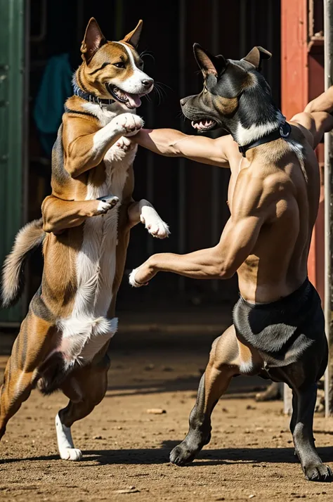 A dog fighting with a cat
