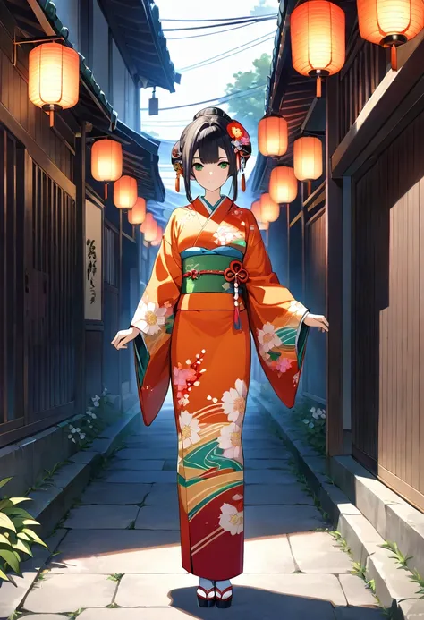 masterpiece, best quality, ultra detailed, detailed eyes, A character with long, intricately styled black hair adorned with a variety of colorful flowers and traditional hair ornaments. The character is wearing a detailed kimono with vibrant floral pattern...