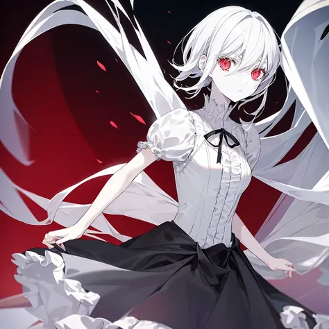 screenshot of black butler. young woman. short hair (white). pale skin. red eyes (long eyelashes). white dress. sea background (at night).