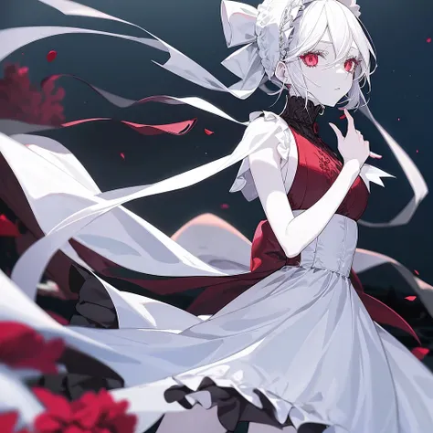 screenshot of black butler. young woman. short hair (white). pale skin. red eyes (long eyelashes). white dress. sea background (at night).