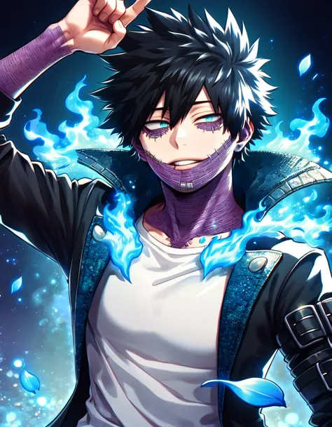 absurdres, highres, ultra detailed, HDR, master piece, best quality, Dabi, black hair, expressive turquoise eyes, Boku no hero academia, solo, sexy man, handsome, magical, fantasy, black coat with high collar, white T-shirt, blue flames background, shining...