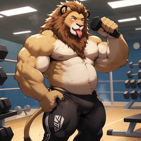 masterpiece, best quality, 8k resolution, Very detailed, hairy，(((lion))，(((Mature)))，(((Strong)))，portrait，(((Gym)))，For the audience，(((Dumbbell in hand)))，Highest quality scene，Solitary，solitary，(((whole body)))，(((Sweating)))，(((Half-squatted)))，(((tho...