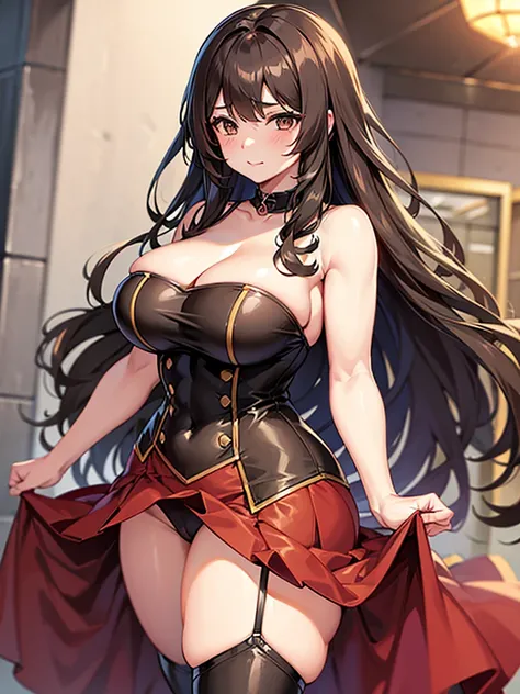 Anime girl, thick and curvy, long curly brown hair with bangs, brown eyes, fancy outfit