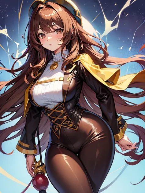 Anime girl, thick and curvy, long curly brown hair with bangs, brown eyes, fancy outfit