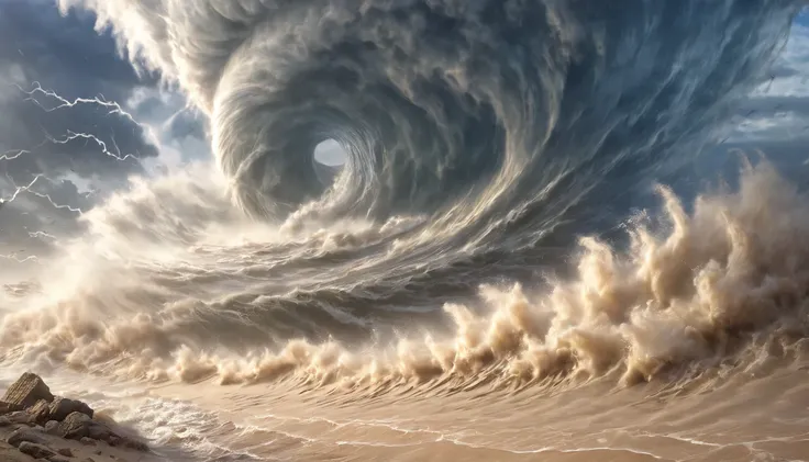 masterpiece, best quality, extremely detailed, hyperrealistic, photorealistic, sea, tornado, sand storm, strong wind