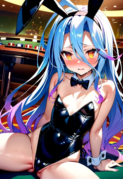 NSFW,masterpiece,Highest quality,High resolution,Super detailed,Shiro (no game No life),Long Hair,Multicolored Hair,Hair between the eyes,Gradient Hair,Yellow Eyes,Flat Chest,Bunny ears,Playboy Bunny,casino,Embarrassed,blush,Leg spread