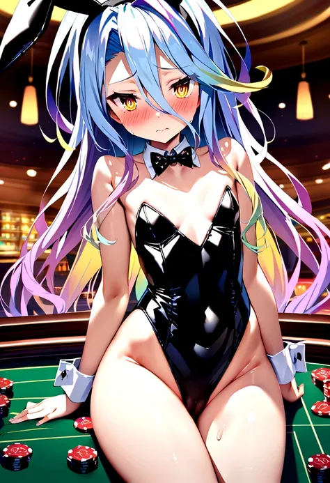 NSFW,masterpiece,Highest quality,High resolution,Super detailed,Shiro (no game No life),Long Hair,Multicolored Hair,Hair between the eyes,Gradient Hair,Yellow Eyes,Flat Chest,Bunny ears,Playboy Bunny,casino,Embarrassed,blush,Leg spread