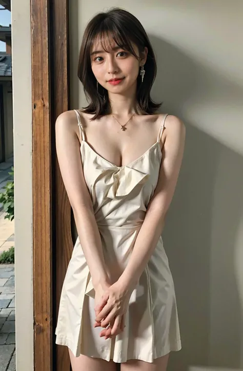 （（Cream hair color、砂浜でsmileで撮影:1.4））、Sleeveless、Outdoor shots、Cute clothes、Cream hair color、Leather Belt、Her huge breasts are obvious even through her clothes..、Small earrings、Light brown hair color、:1.4））、Shiny Hair、Light beige hair color、Background Blur、...