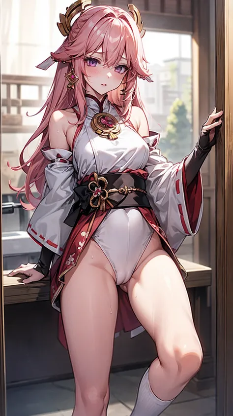 One Girl， （Urzan-6500：0.7）， K-POPアイドル， yae miko， ， Exposed bare shoulders， Pink Hair， Long white hair， Japanese Clothing， The best quality in the best condition， （da pintura：1.5）， （hair ornaments：1.35）， gem， Purple eyes， 耳Nipple Ring， ， Written boundary de...