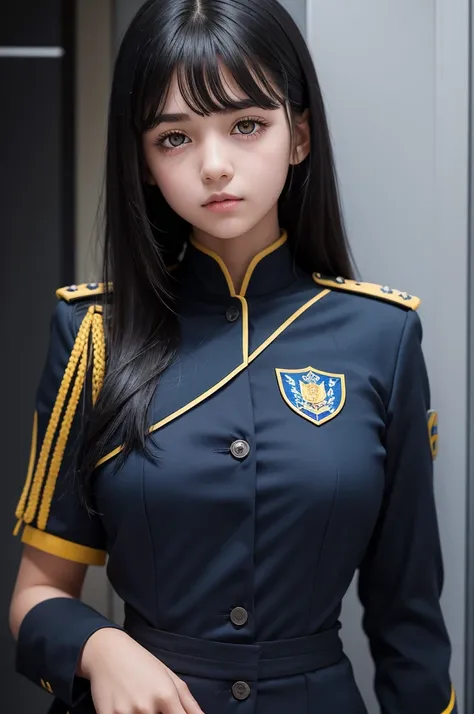 A young girl with yellow eyes and black hair in a blue uniform 