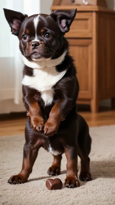 A small chocolate dog playing at home
