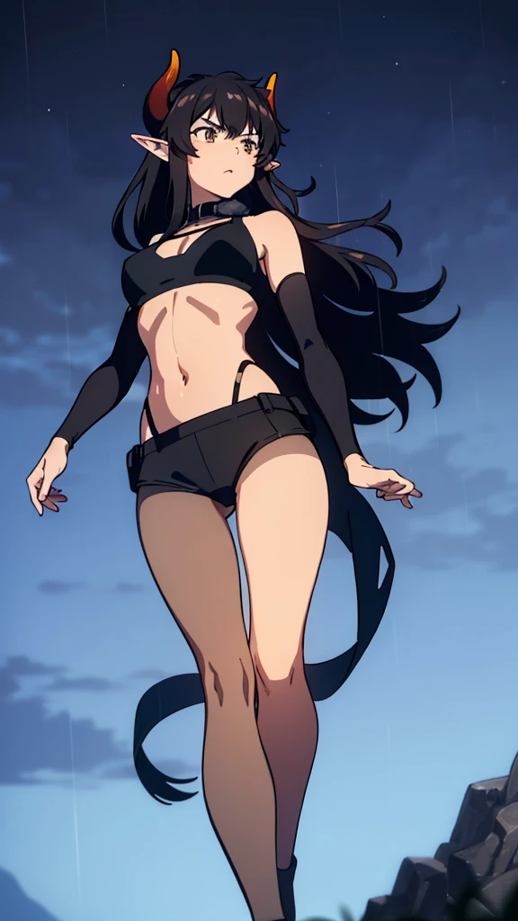 ((1girl,solo,mature female,adult)),long hair, black hair,serious expression,horns,elf ears,black scarf,cleavage,(dark skin),((black sports bra, midriff)),((pantyhoses)),looking up at the sky,night, Vast sky, beautiful skyline, fireflies, fantasy,night scen...