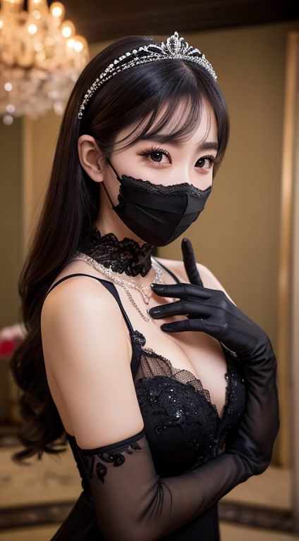 Highest quality、 High resolution、Super detailed、8K images、Perfect detail、Professional photography、RAW Photos、Realistic、Perfect dynamic composition、Japanese、woman、chandelier、whole body、Black Dress、tiara、necklace、Long black lace gloves、Black face mask